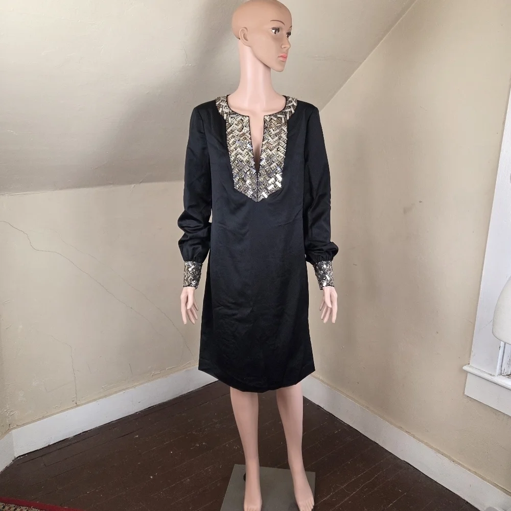 Tory Burch Black Embellished Shift Dress Size 8 Long Sleeve Beaded Neckline
